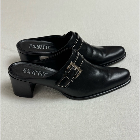 Franco Sarto Black Leather Slip On Mules Size 9.5 Crossover Buckle Classic Boho - Picture 1 of 12